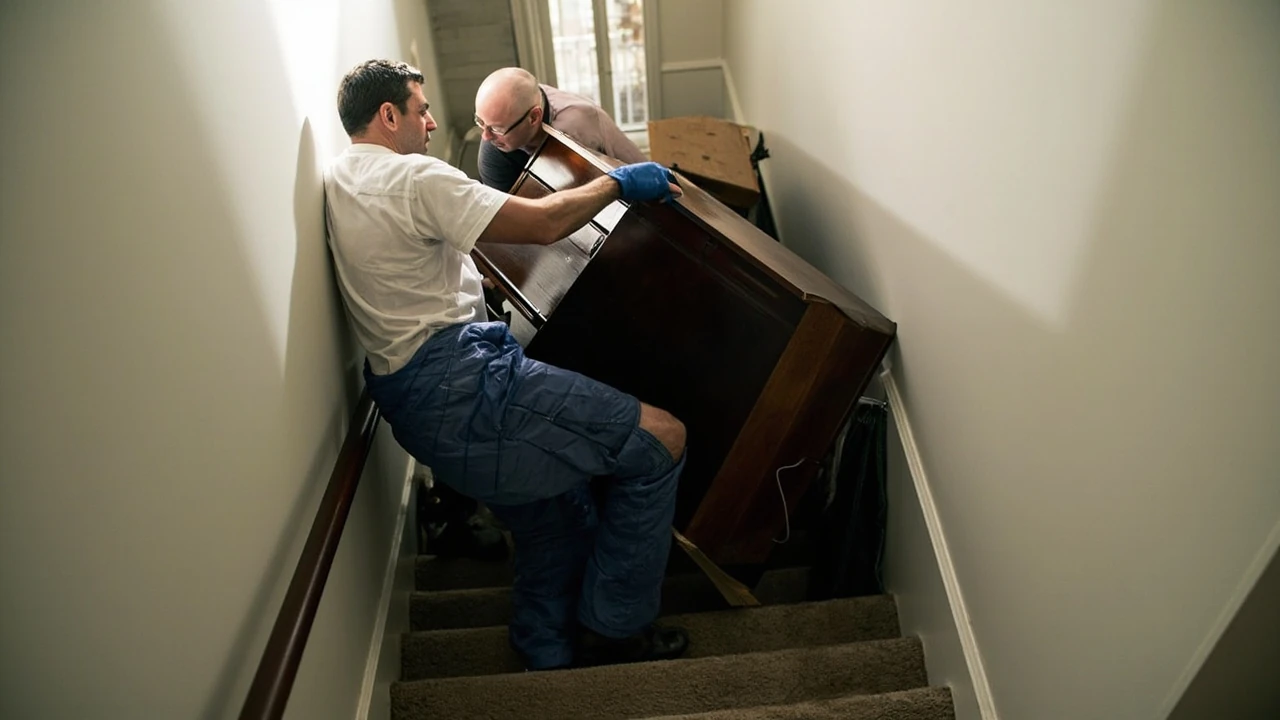 Two piano movers carefully guiding an upright piano down a residential staircase