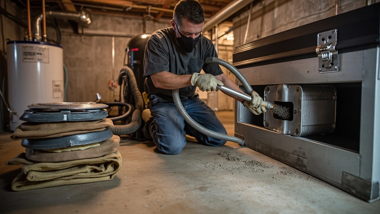 Technician performing residential air duct cleaning services in a home basement