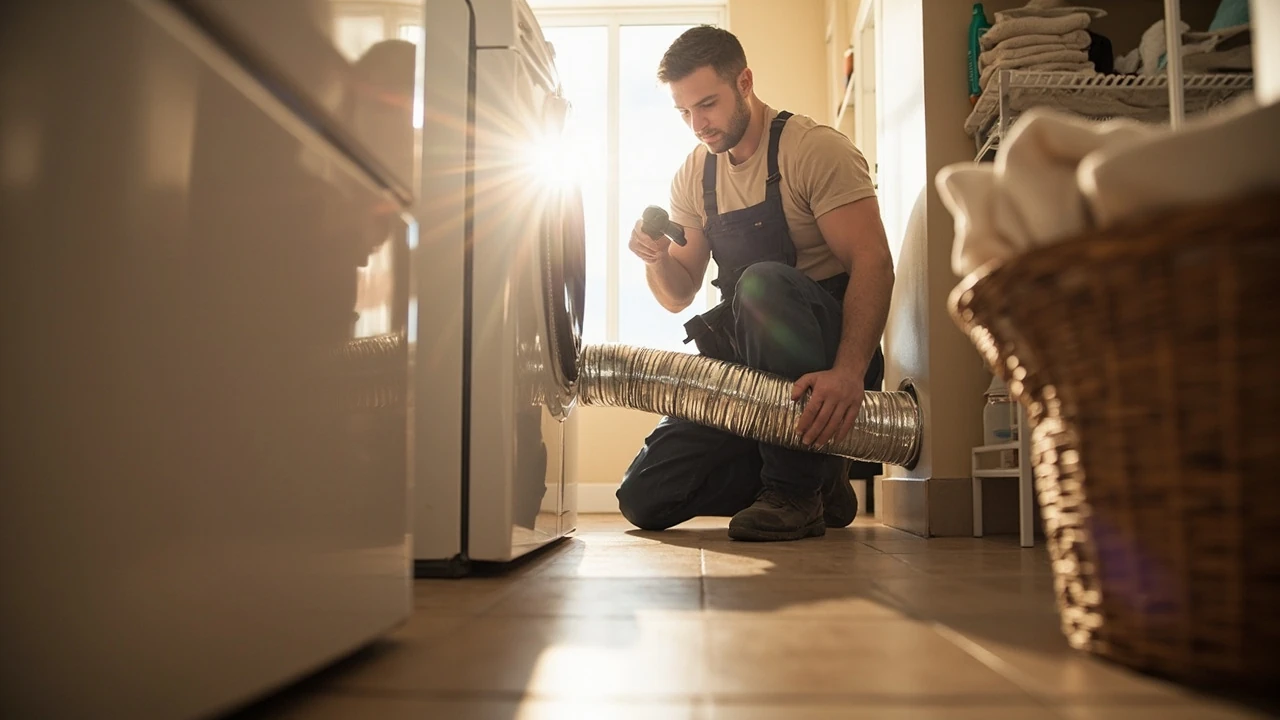 Technician inspecting a flexible dryer vent line for repair needs