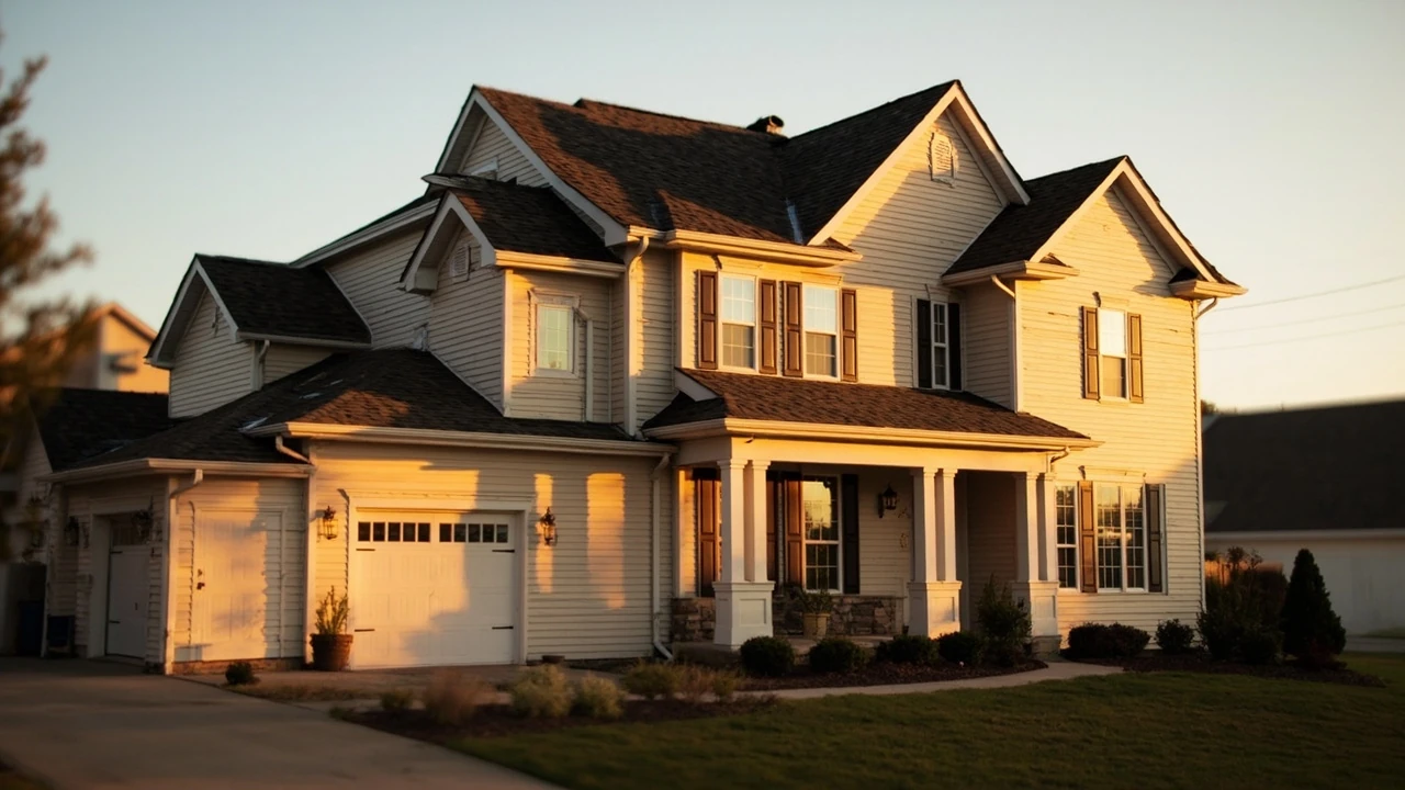 Exterior view of a two-story suburban house with gabled roof and front porch at golden hour
