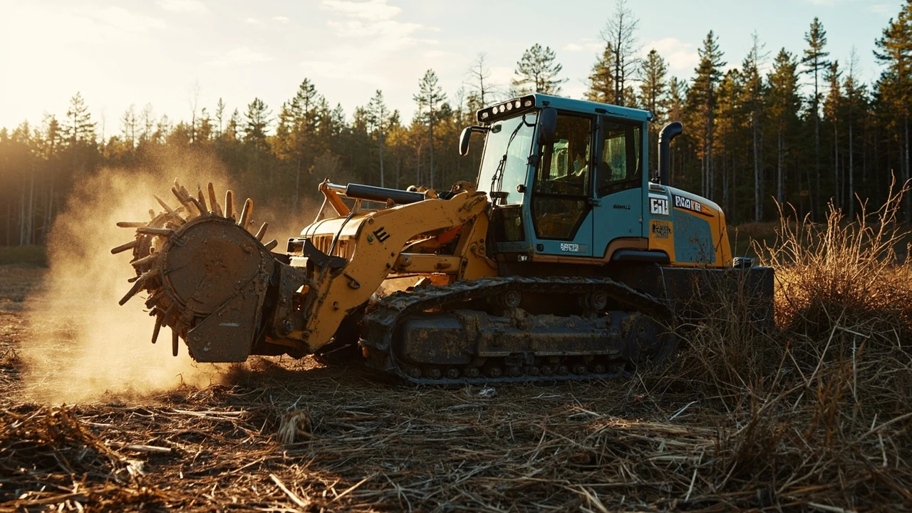 Forestry mulching machine clearing brush and small trees on a rural lot