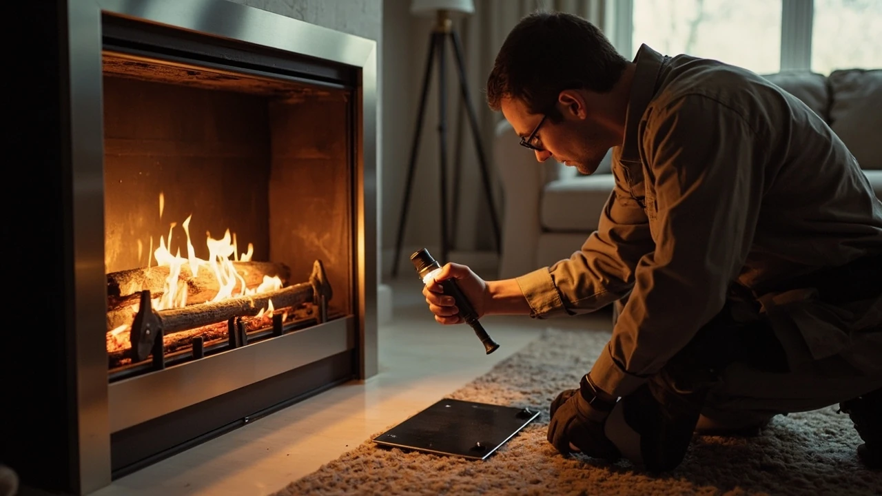 Technician performing gas fireplace service with tools near a hearth