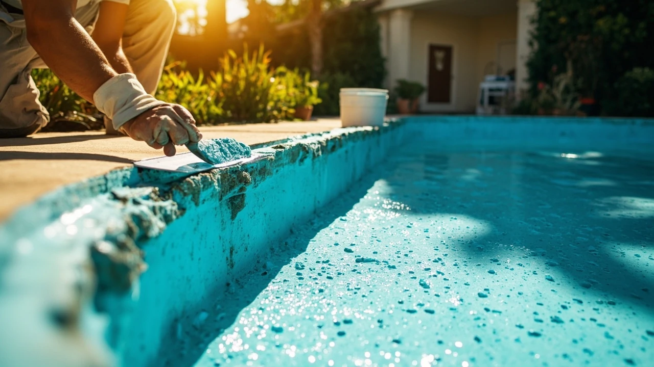 Contractor finishing pool resurfacing work on a residential swimming pool