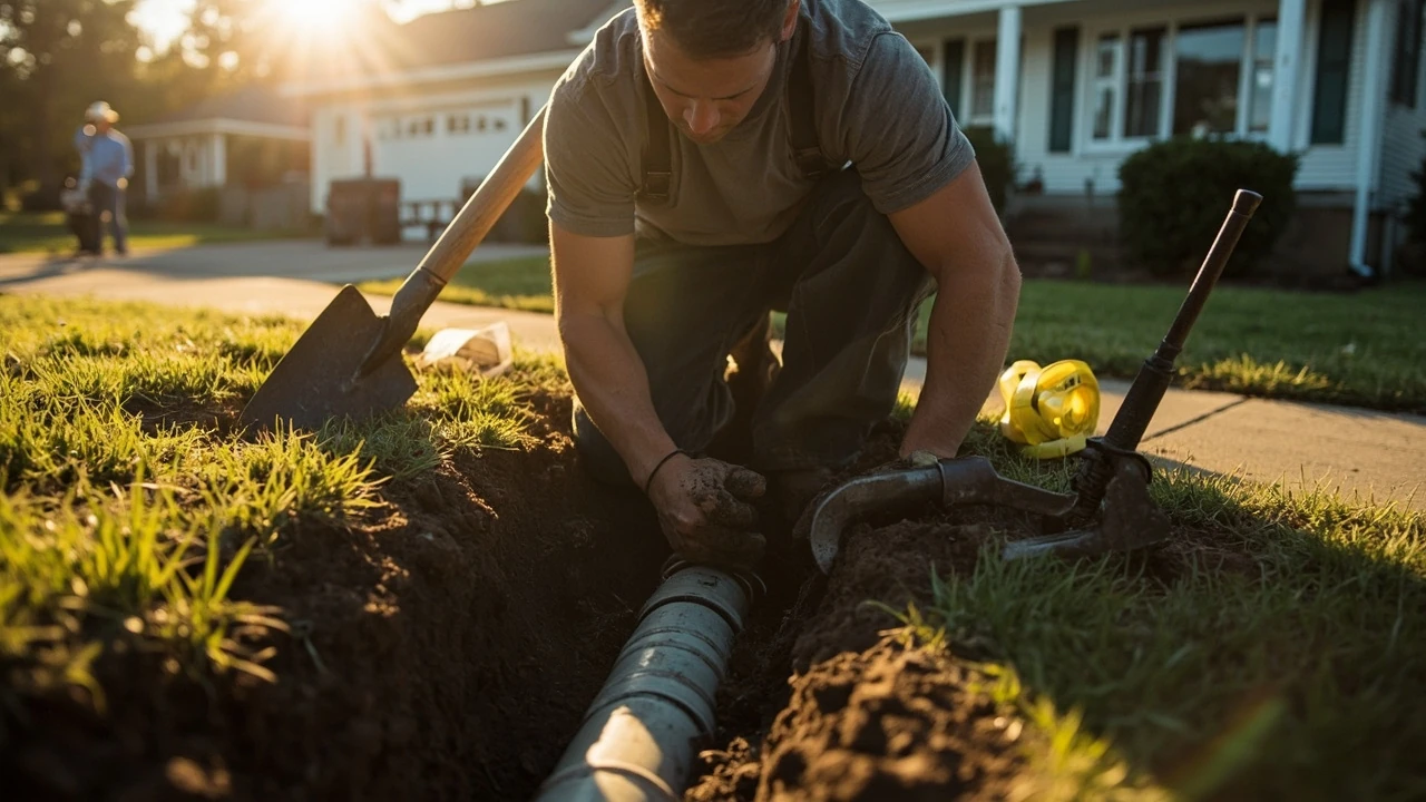 Contractor inspecting a main water line repair in a residential yard