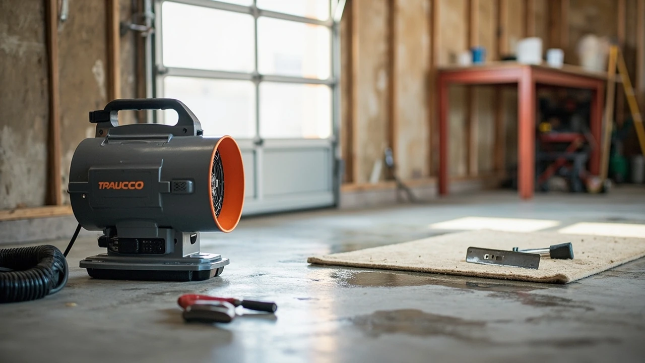 A high-velocity blower fan on a garage floor next to tools and a drying mat