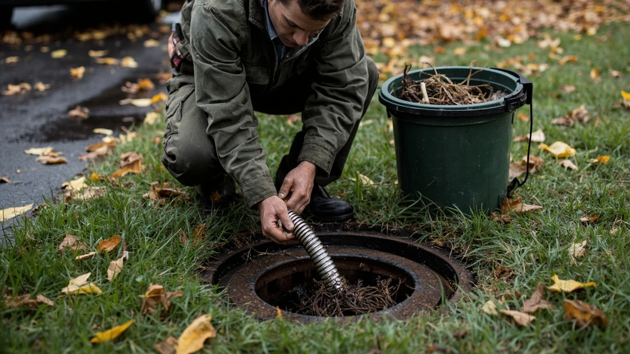Technician performing outdoor drain cleaning services on a yard drain
