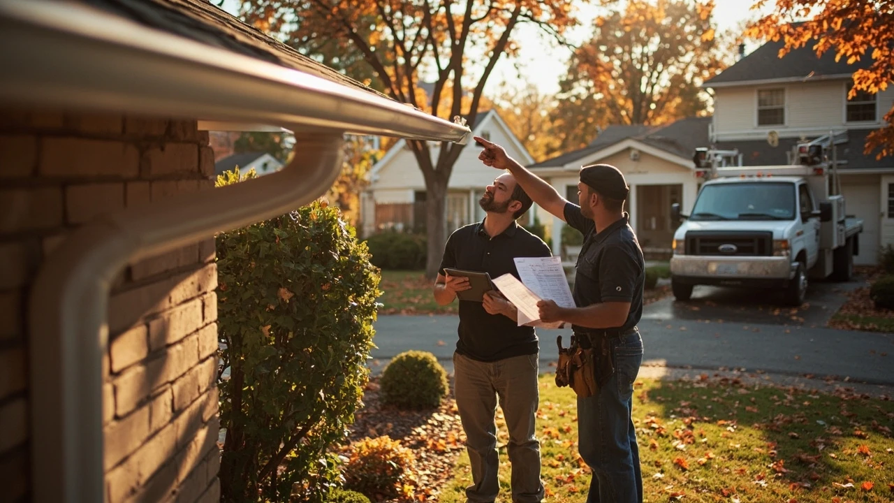 Homeowner reviewing an estimate from gutter companies beside a house with new seamless gutters