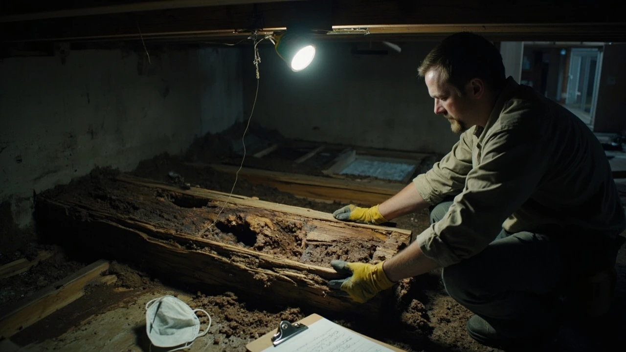 Worker inspecting termite damage repair work on a wooden floor joist