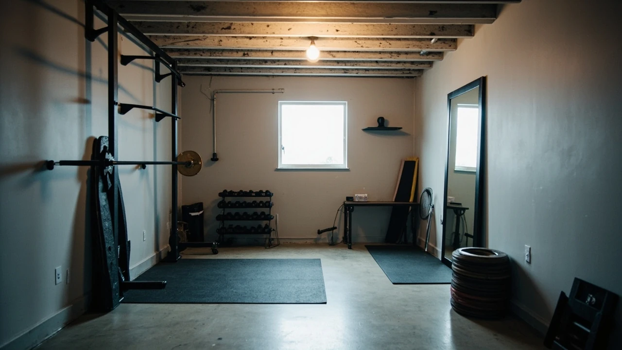 Bright basement home gym ideas setup with rack and mat
