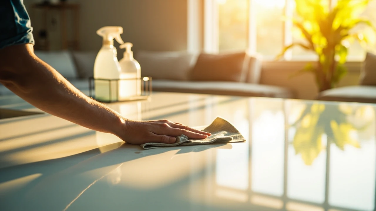 A cleaner wiping down the kitchen counters of a bright apartment